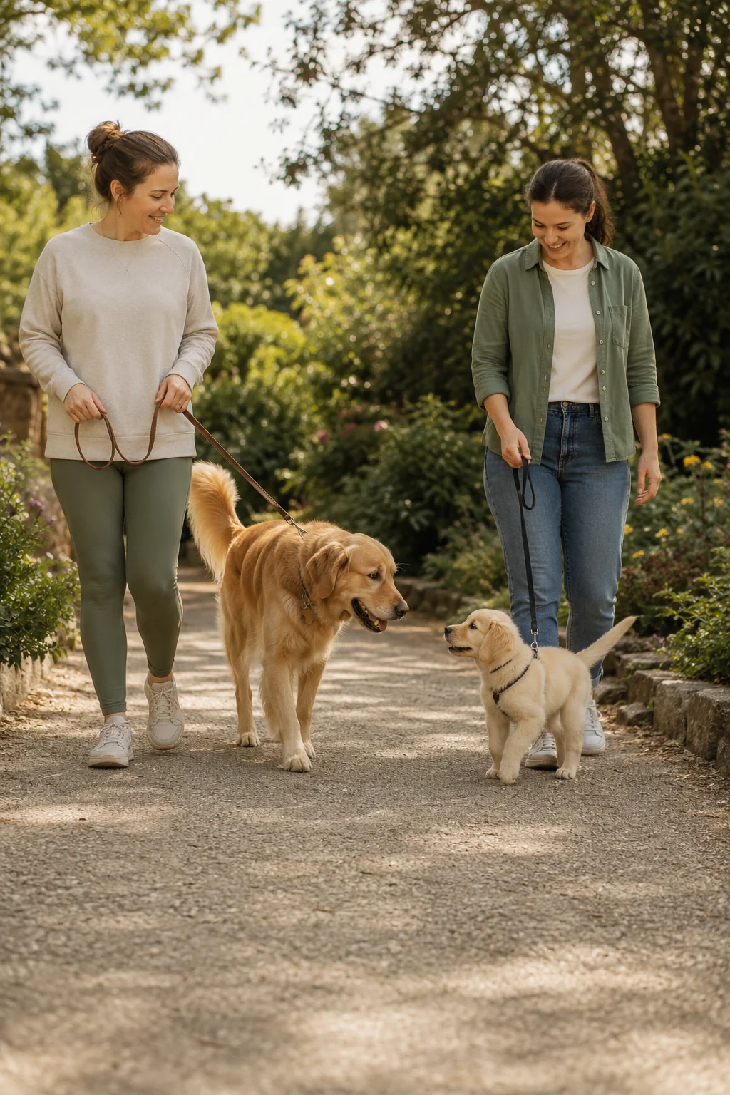 A puppy and one calm resident dog walking in the same direction with two handlers in a quiet neutral area