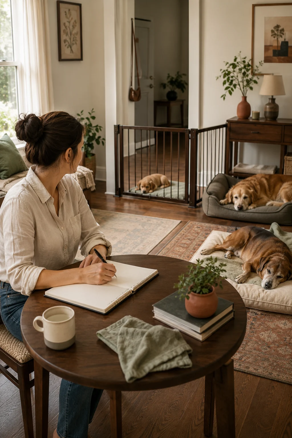 A dog mom recording notes while a puppy rests behind a gate and two resident dogs relax separately