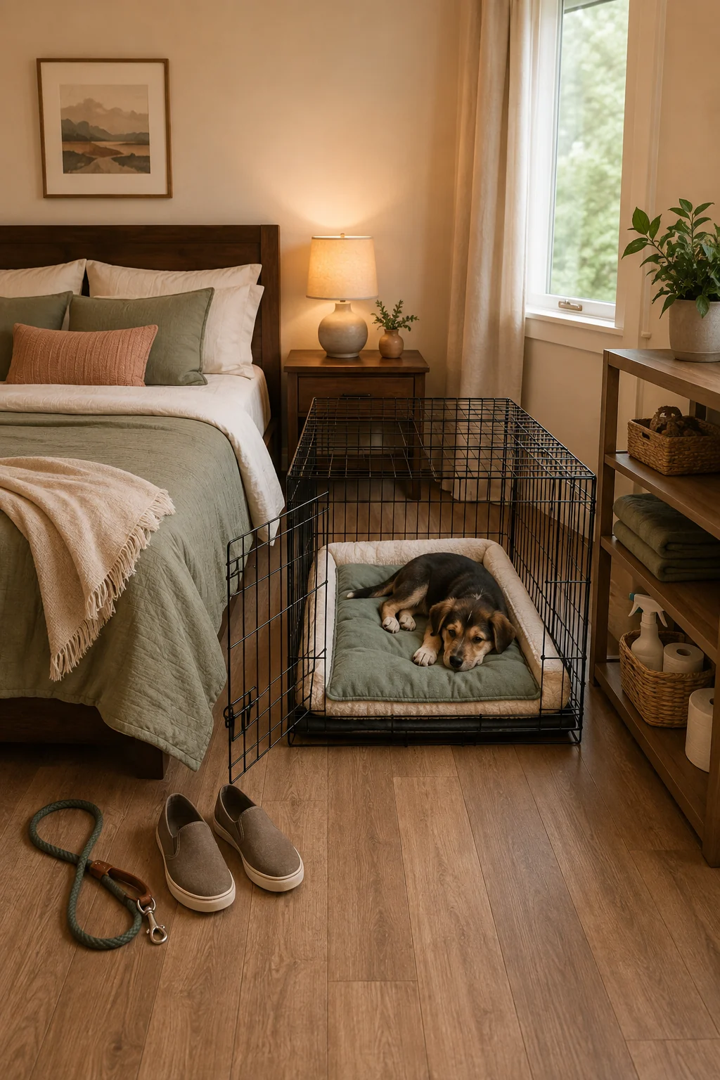 Cozy puppy sleep station beside a bed with washable bedding, leash, dim lamp, and clear floor space