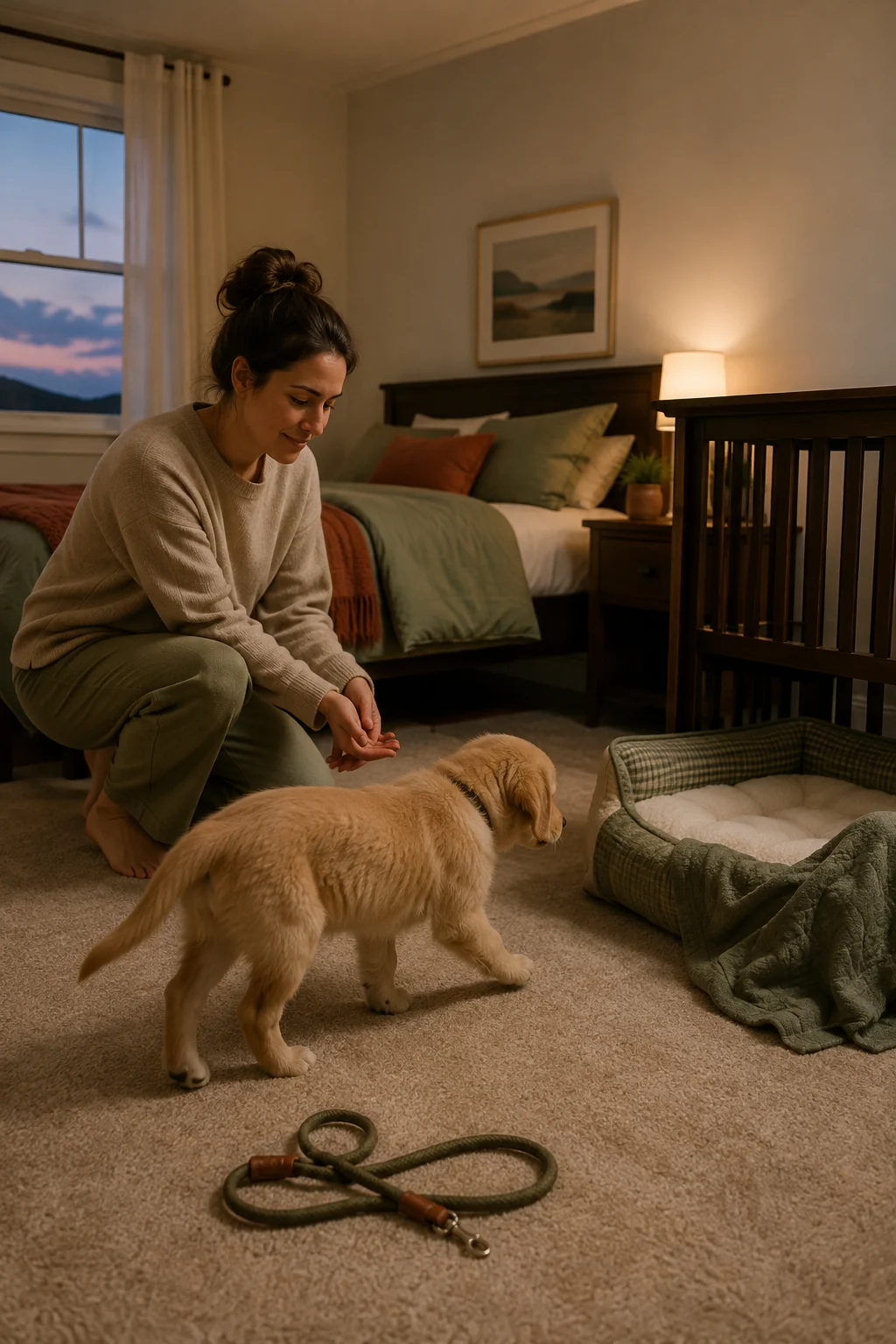 First-time dog mom calmly guiding a puppy toward an open sleep station under soft evening light
