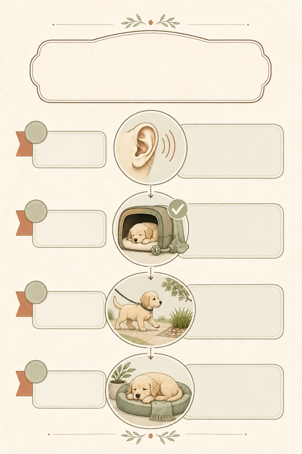 Text-free four-stage nighttime response flow with icons for listening, safety checking, a calm outdoor trip, and returning to rest