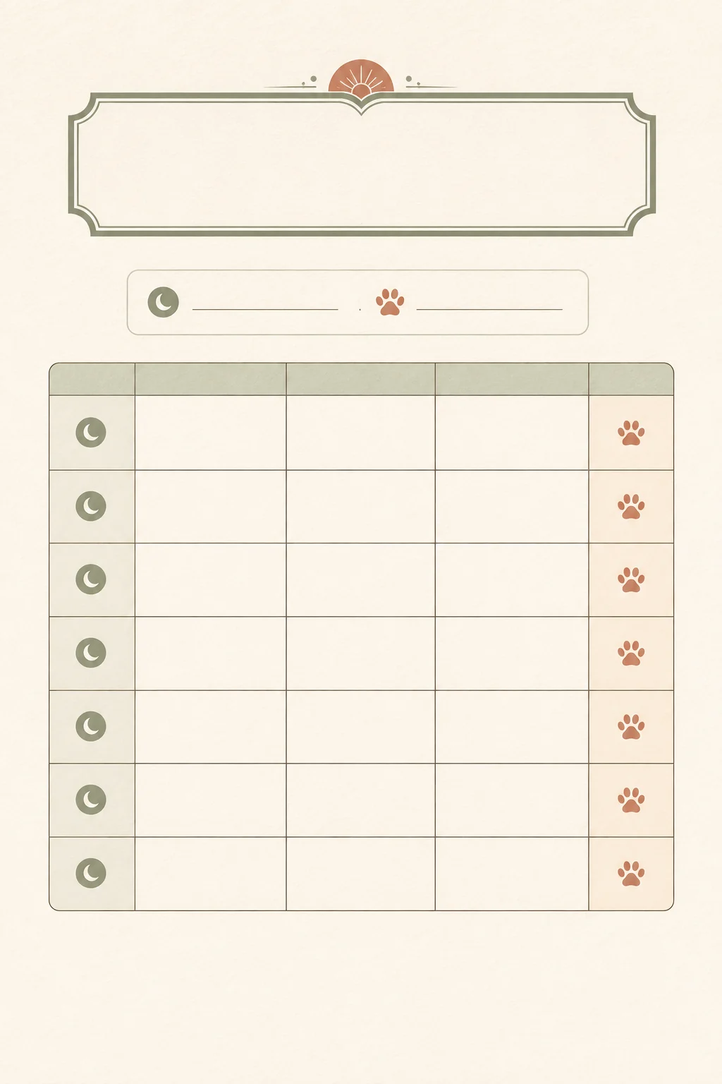 Blank seven-row puppy night observation worksheet with columns for settling, wake-ups, response, and morning notes