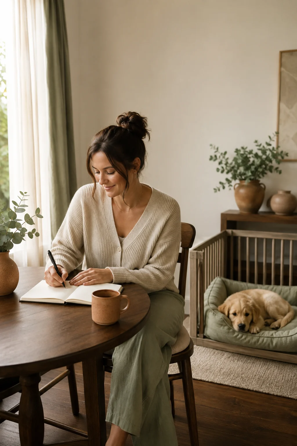 Dog mom writing brief morning notes while her puppy rests calmly nearby in natural daylight