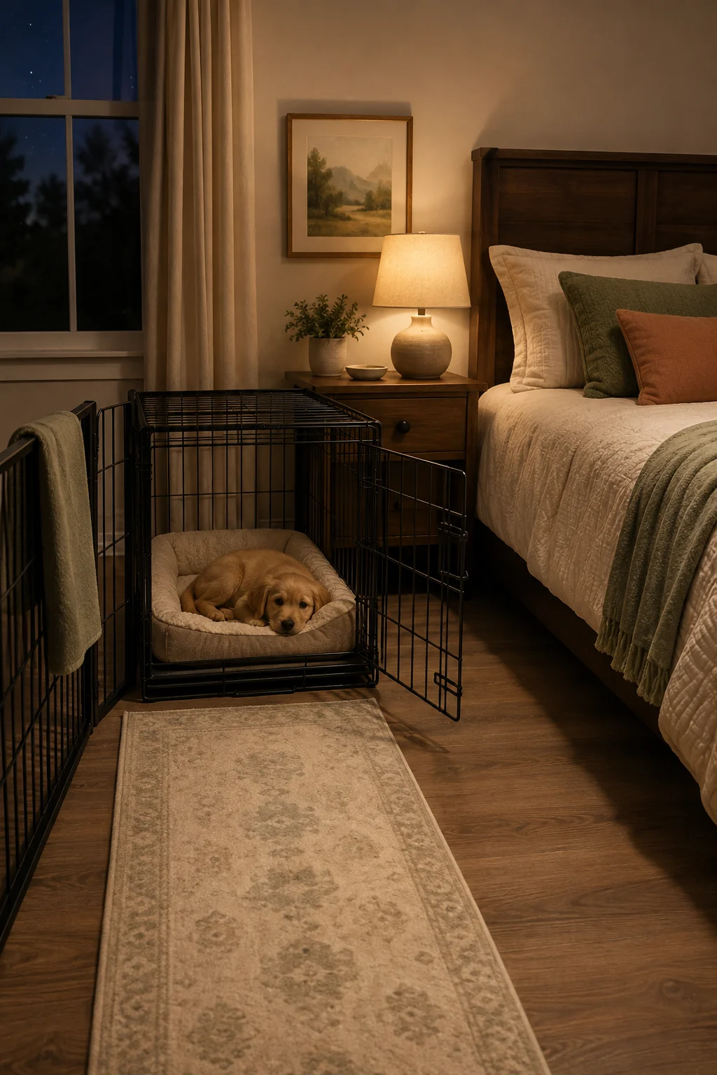 Young puppy resting in an open bedroom crate beside a low lamp and washable bedding
