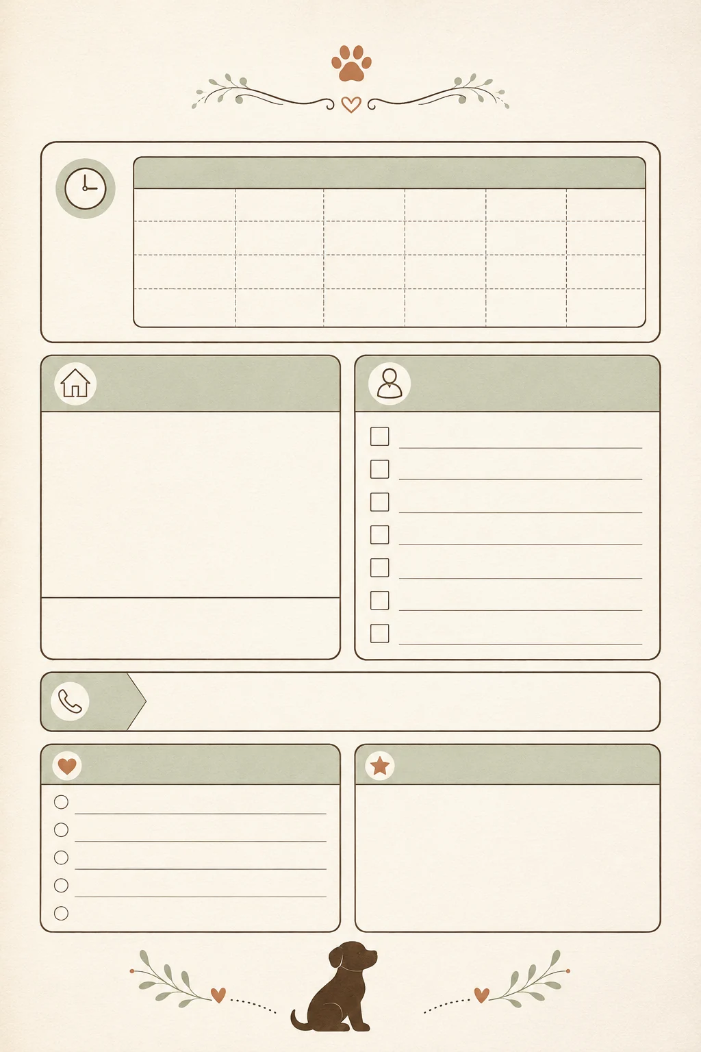 Printable puppy first-night worksheet with schedule blocks, coverage rows, and caregiver notes