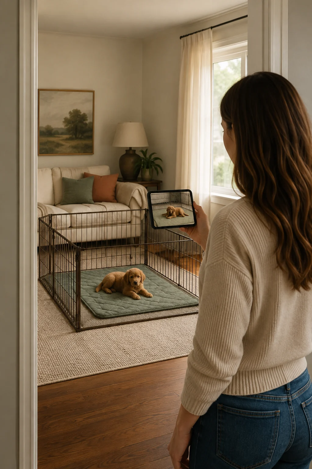 Calm puppy resting in a secure pen while a phone camera view monitors the short separation