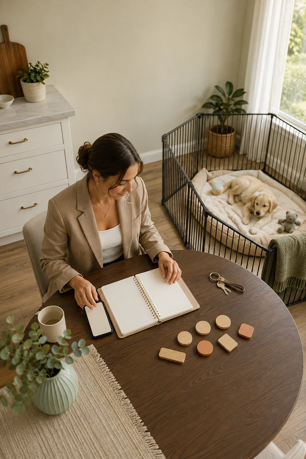 Office-ready dog mom comparing a blank daily planner with caregiver arrival times beside her puppy