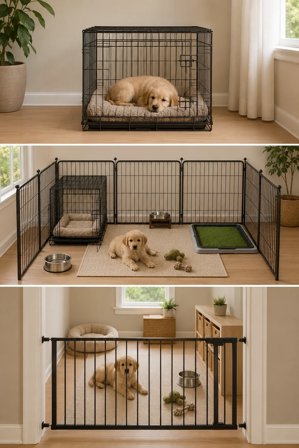 Vertical three-part comparison of a short-rest crate setup, a zoned puppy pen, and a puppy-proofed room, all shown without text.