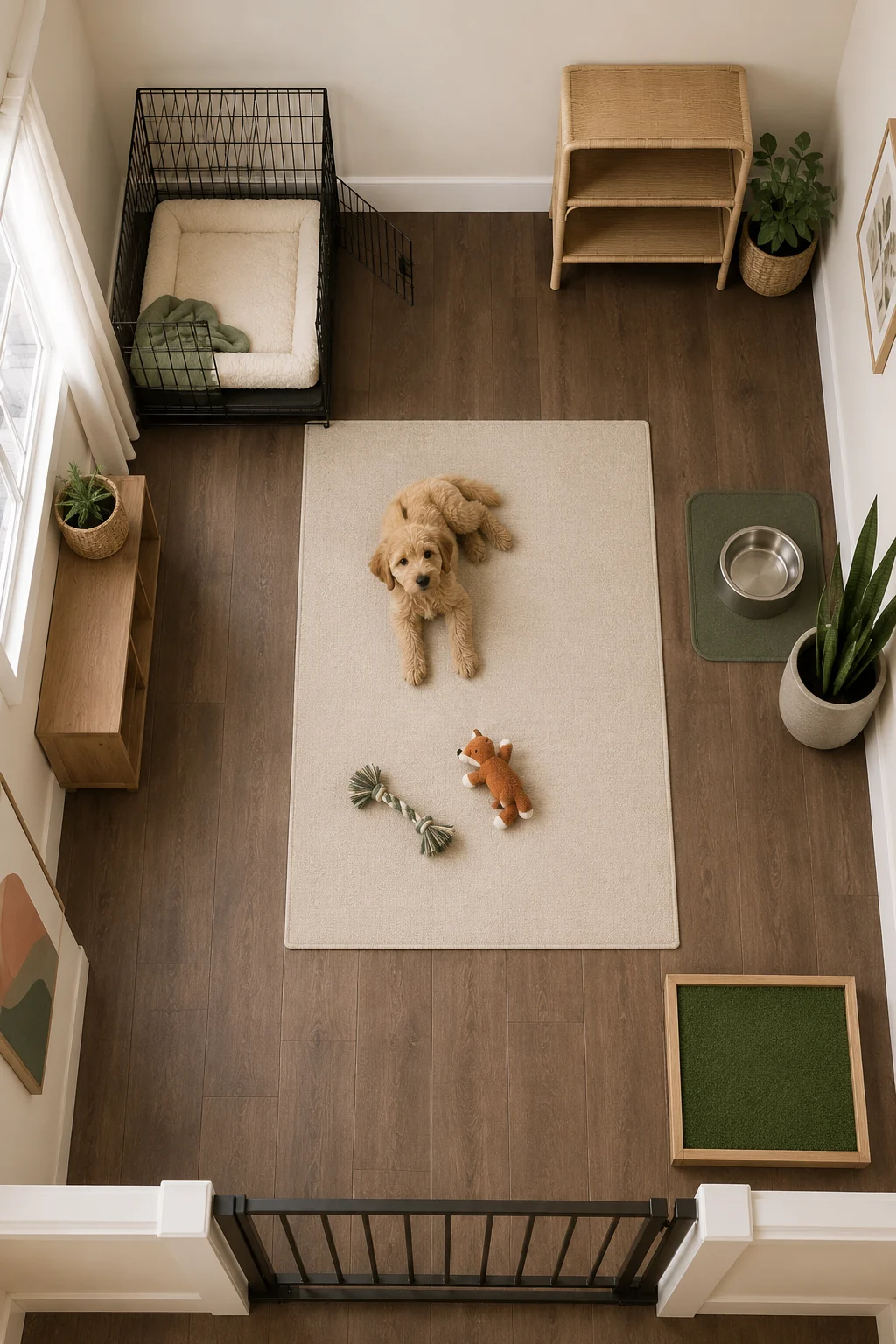 Vertical overhead view of a puppy-safe room divided into rest, water, play, and separated toilet zones.