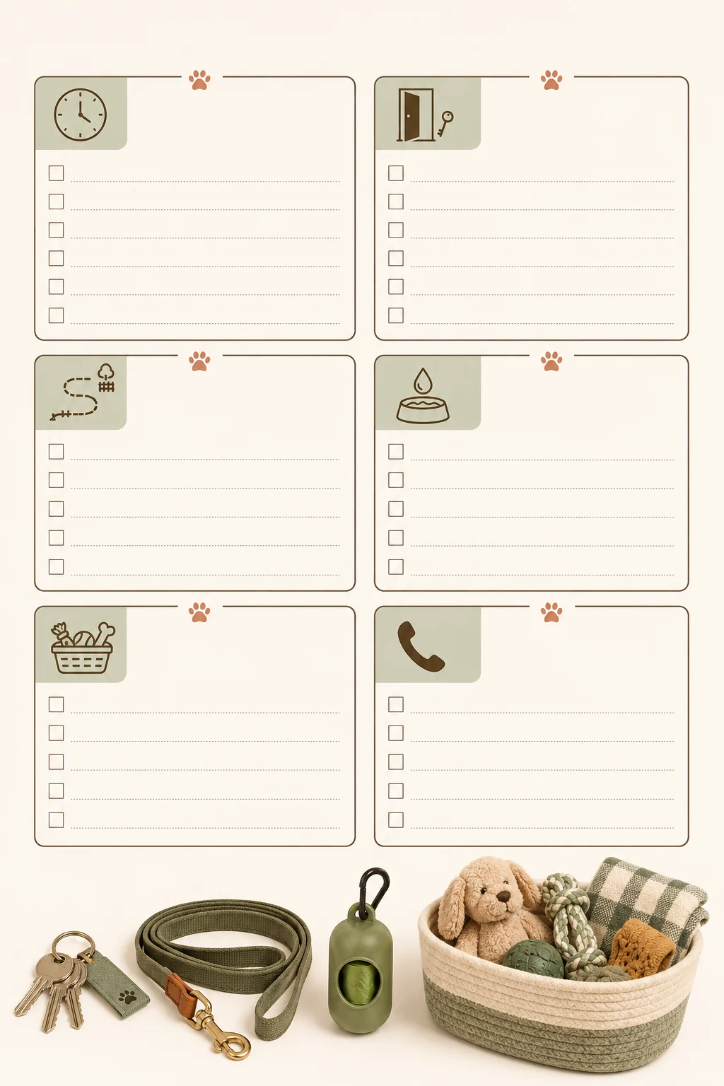 Text-free vertical caregiver handoff card template beside keys, leash, and puppy-room supplies.