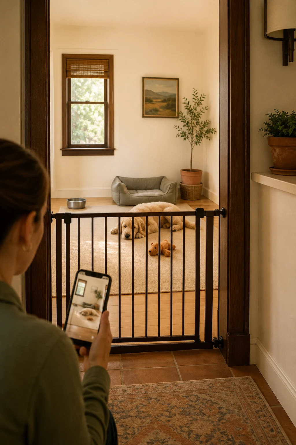 Vertical scene of a puppy settling in a gated room while an owner reviews a live camera view from outside the home.