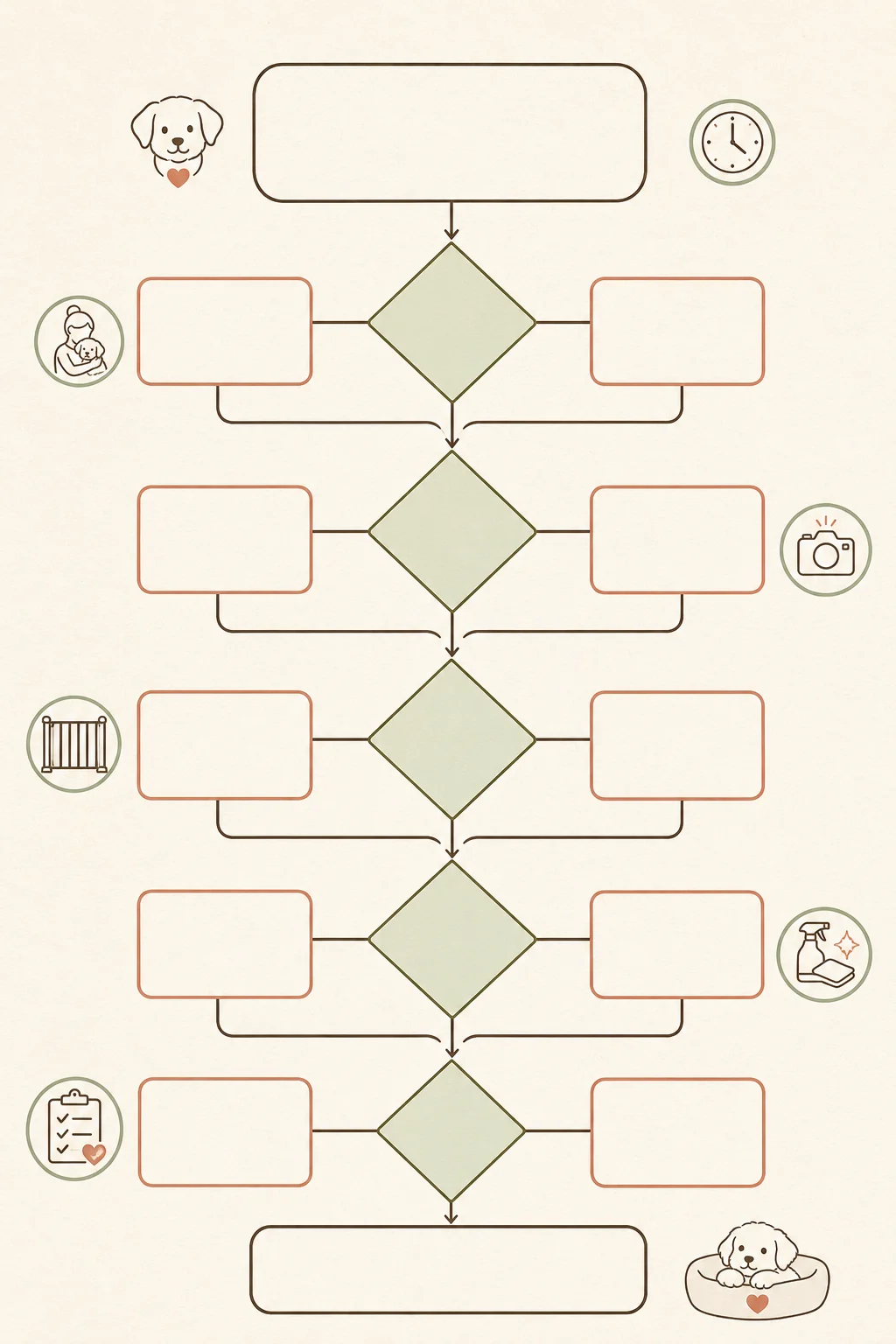 Vertical text-free puppy-room troubleshooting flowchart with blank decision boxes and safe room icons.