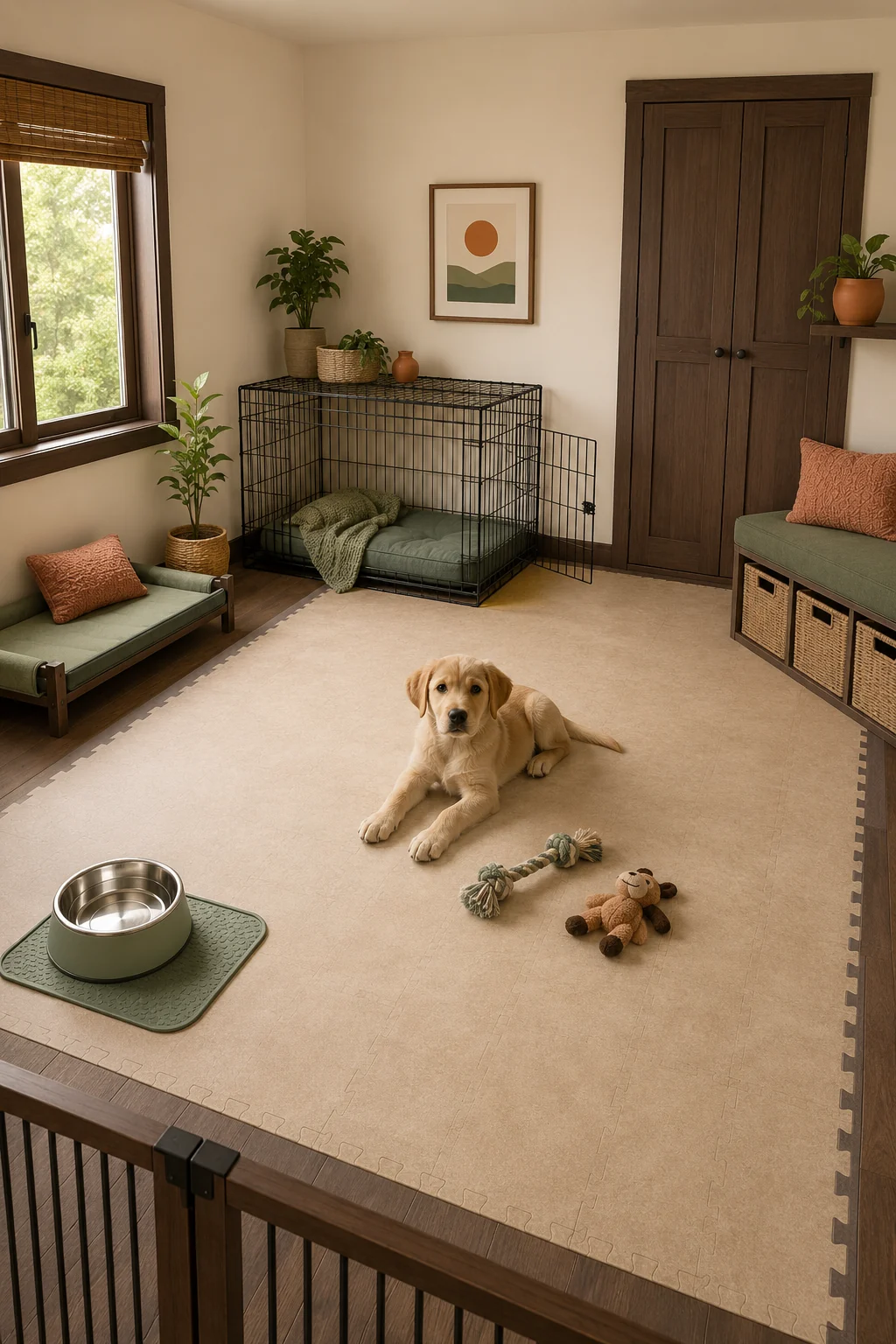 Tall puppy room layout with separate crate, water, open activity, and out-of-reach storage zones