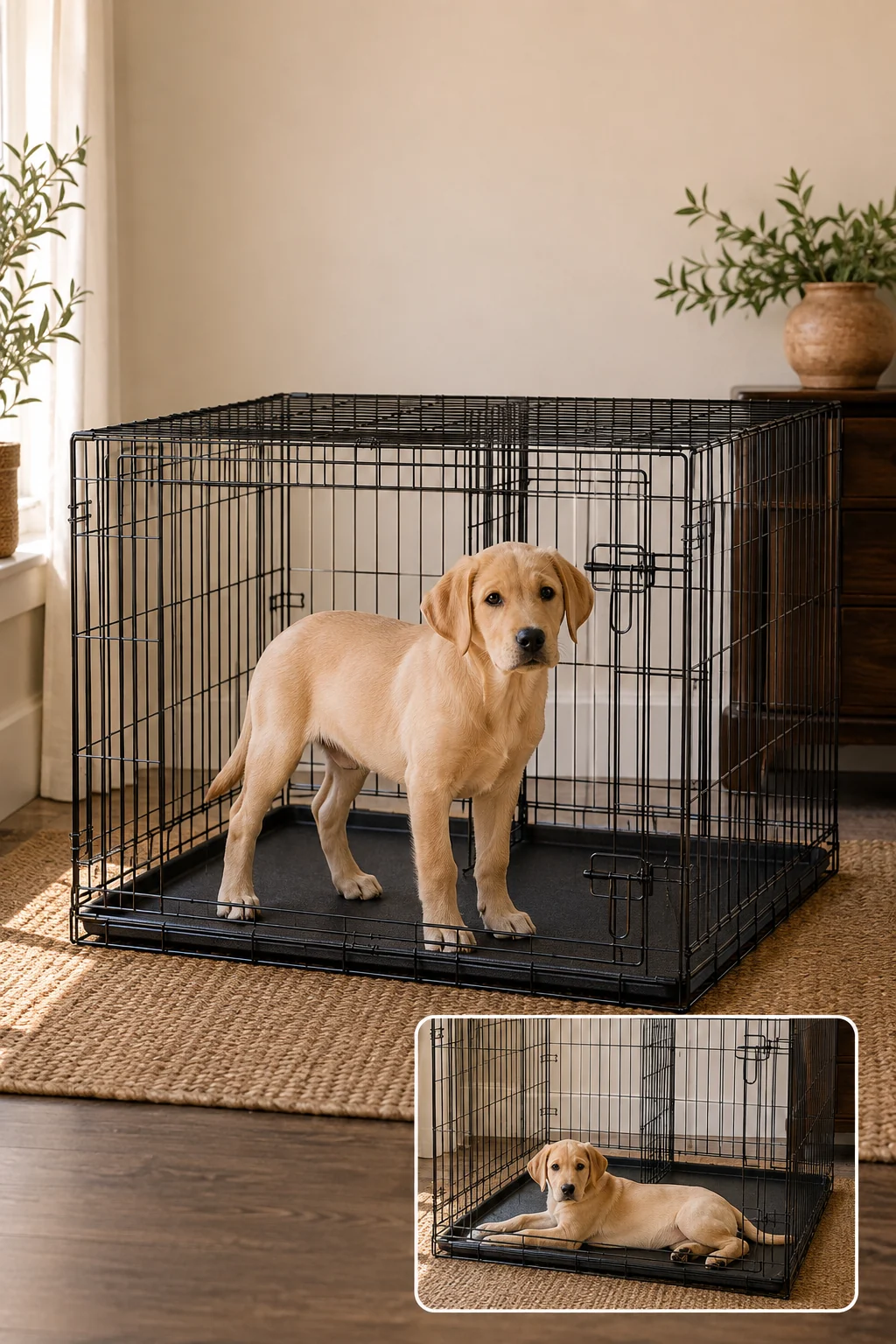 Large-breed puppy standing and turning comfortably inside a secure divider-equipped crate