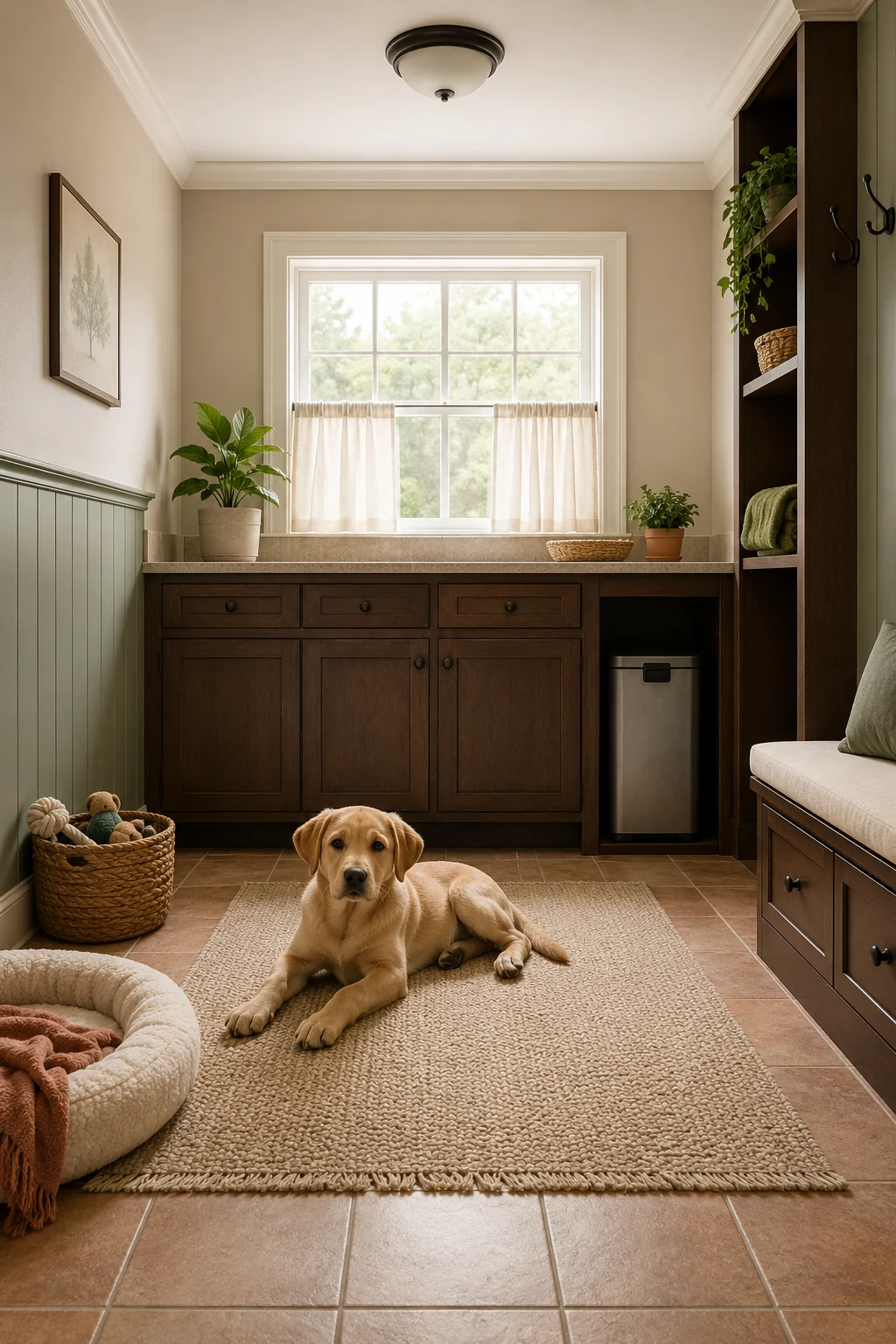 Puppy-safe room viewed from floor to counter height with cords, trash, plants, and pull-down objects removed