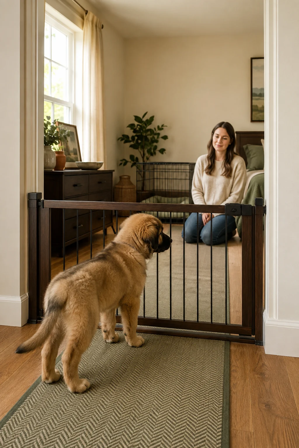 Dog mom observing a large-breed puppy investigate a secured gate and puppy-safe room during a supervised rehearsal