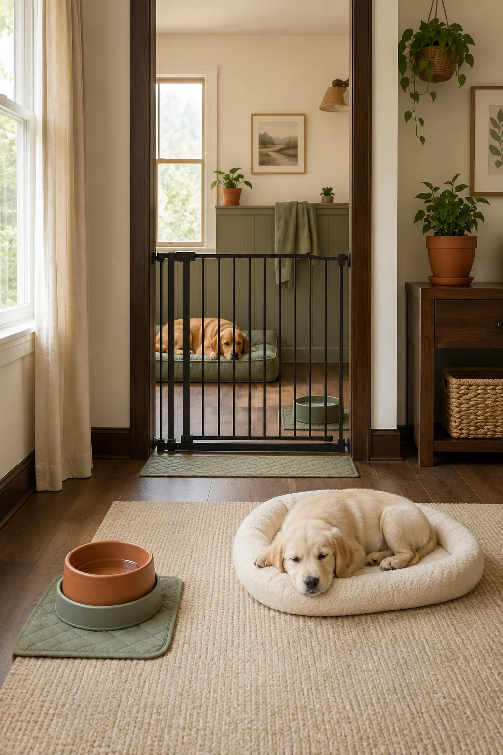 Tall home interior showing a puppy resting inside a gated room and an older dog relaxing in a separate retreat