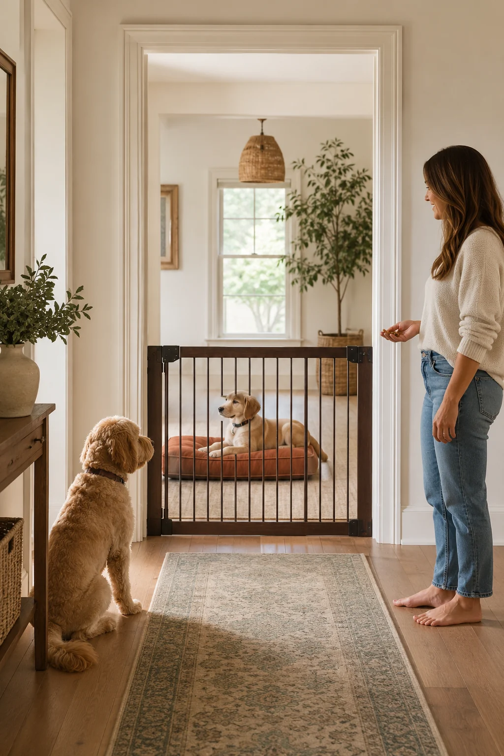 Puppy and one calm resident dog observing each other from a distance across a secure gate