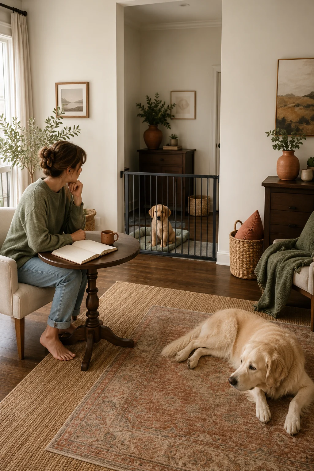 Dog mom making notes while a puppy settles behind a gate and an older dog rests at a distance