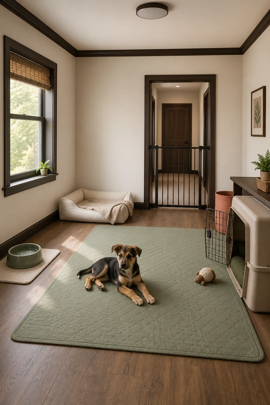 Tall puppy-safe room layout with a quiet resting zone, water station, open retreat, clear floor, and gated doorway