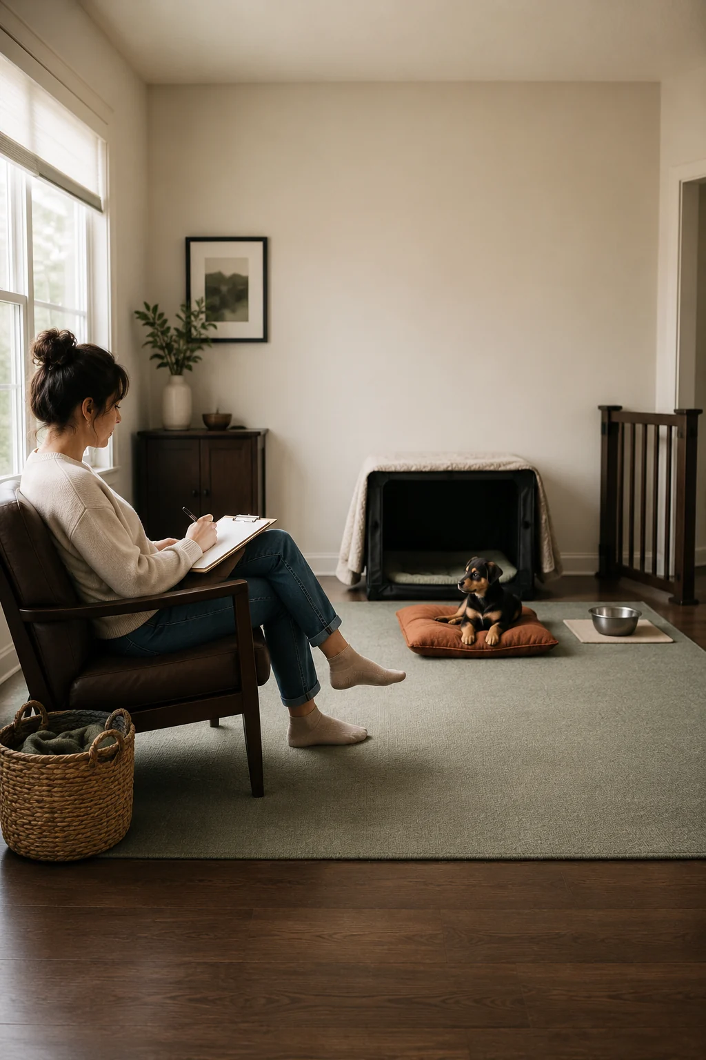 Dog mom sitting sideways at a distance while a rescue puppy observes from an open covered retreat