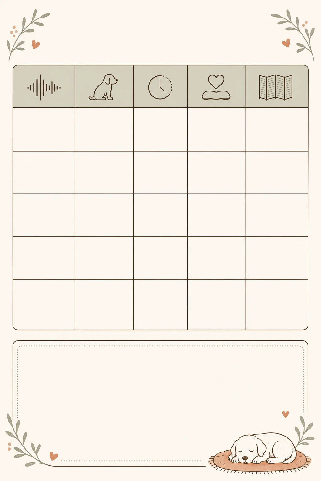 Text-free vertical puppy observation log background with blank rows for trigger, response, recovery, and room change