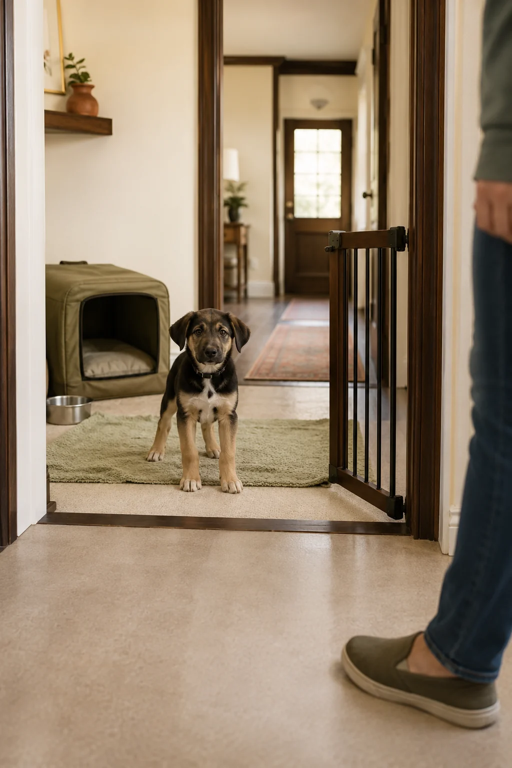 Rescue puppy standing calmly behind an open interior gate with the safe room retreat still visible behind