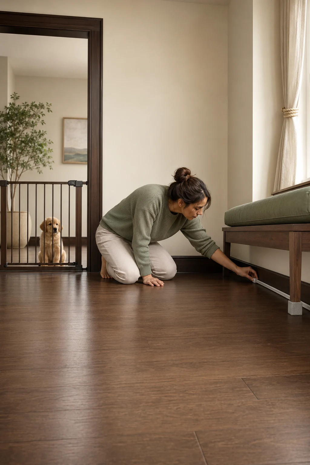 Dog mom kneeling at puppy height while checking a cleared room for cords, small objects, furniture gaps, and dangling fabric