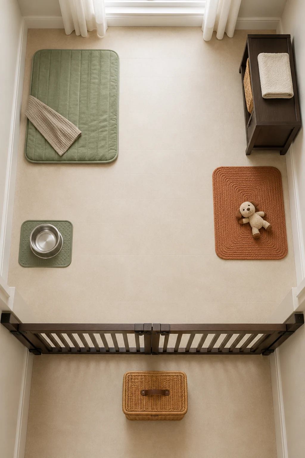 Top-down puppy-safe room with distinct resting, water, activity, and outside-the-gate care areas arranged around an open center