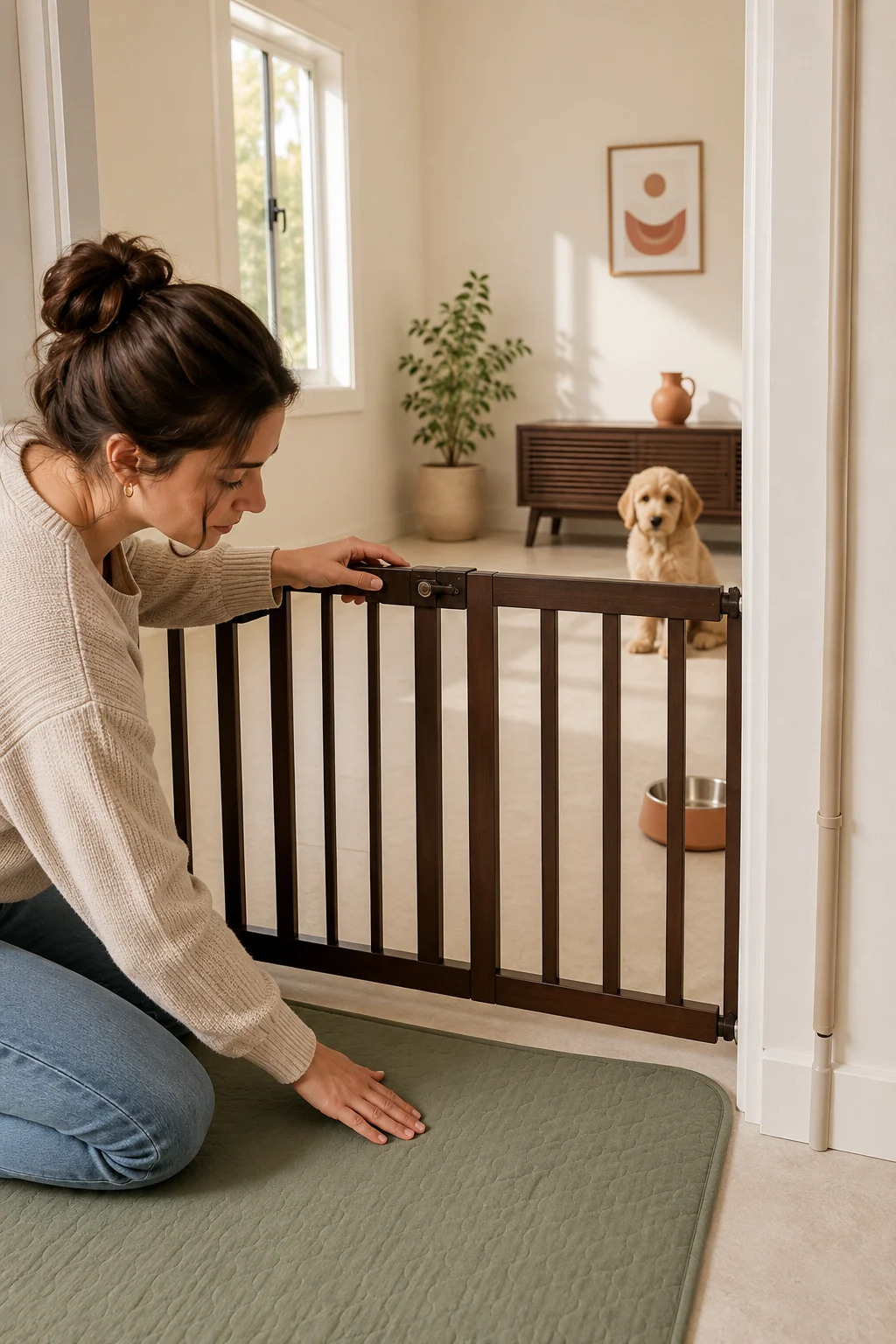Dog mom gently testing a secured puppy gate and flat mat edge while the cleared room remains visible behind her