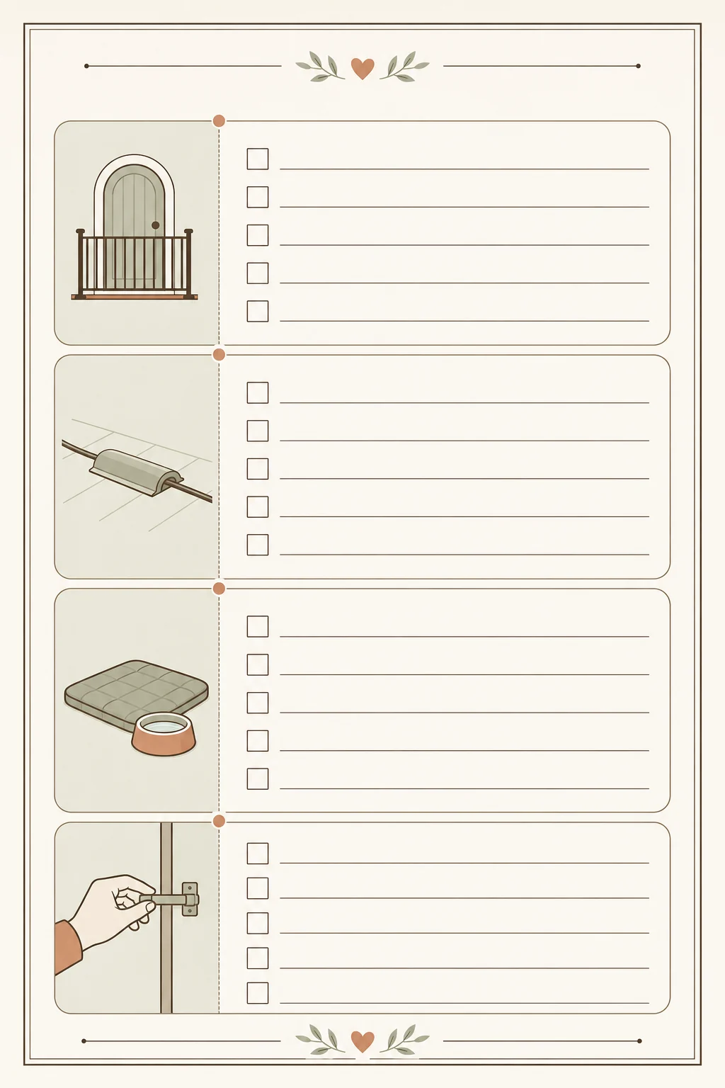 Text-free puppy-safe room checklist worksheet with blank sections, checkbox rows, and simple safety icons in warm neutral colors