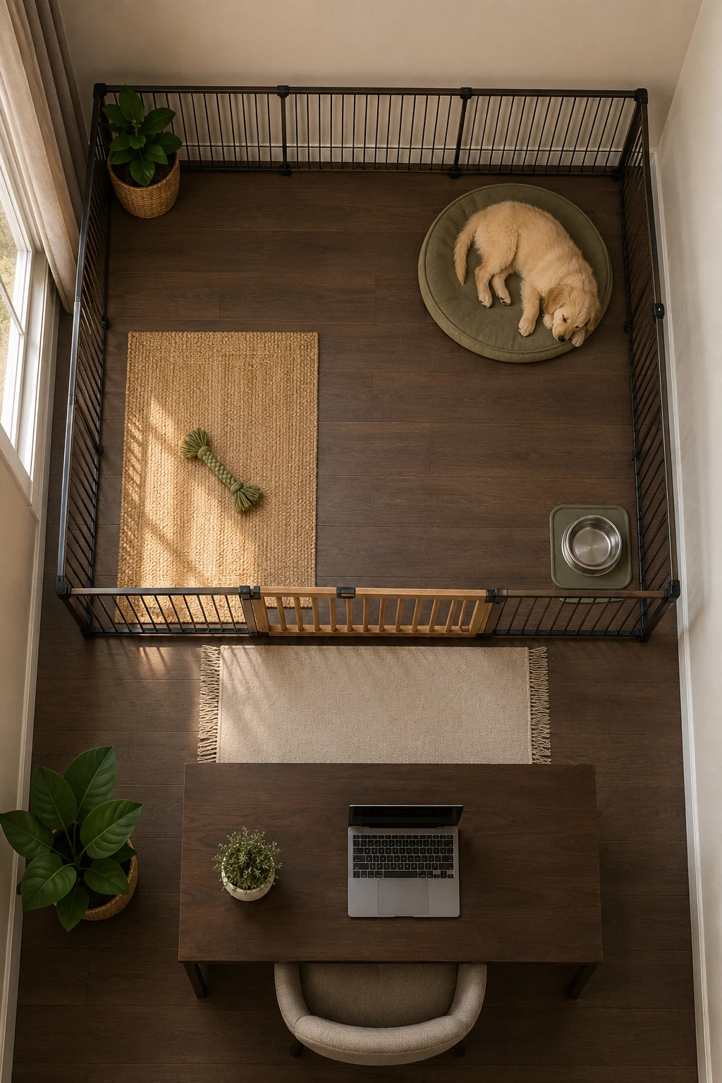 Top-down puppy-safe room layout with separate rest, quiet-activity, and clear doorway zones beside a home workstation