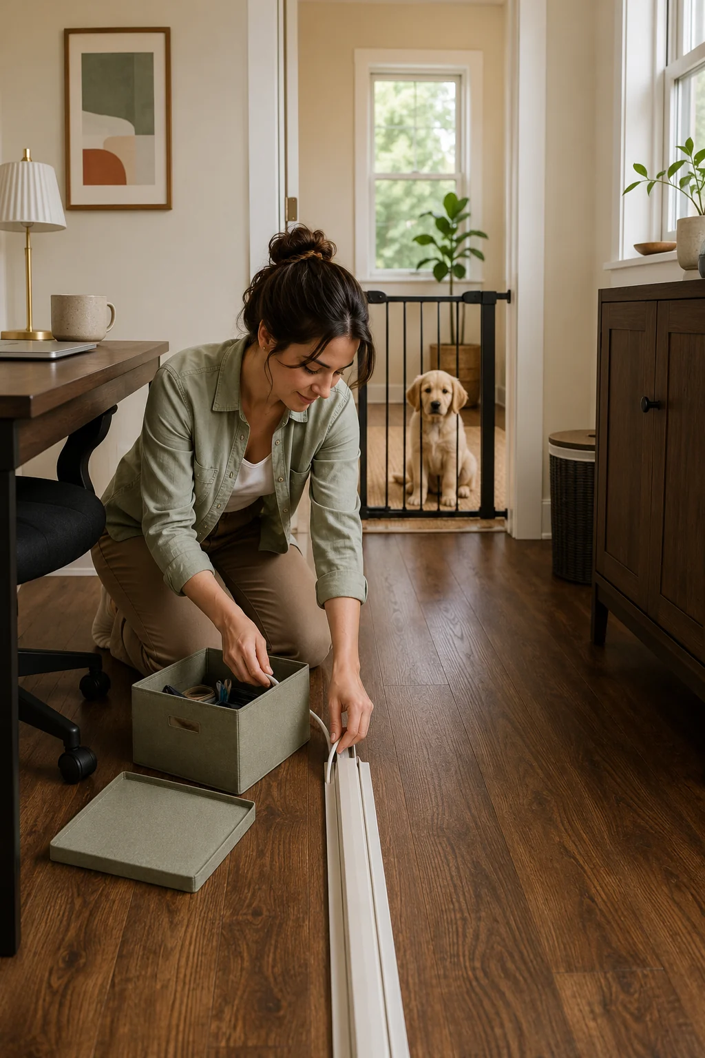 Dog mom securing power cables and removing small office hazards from a puppy-safe room before work