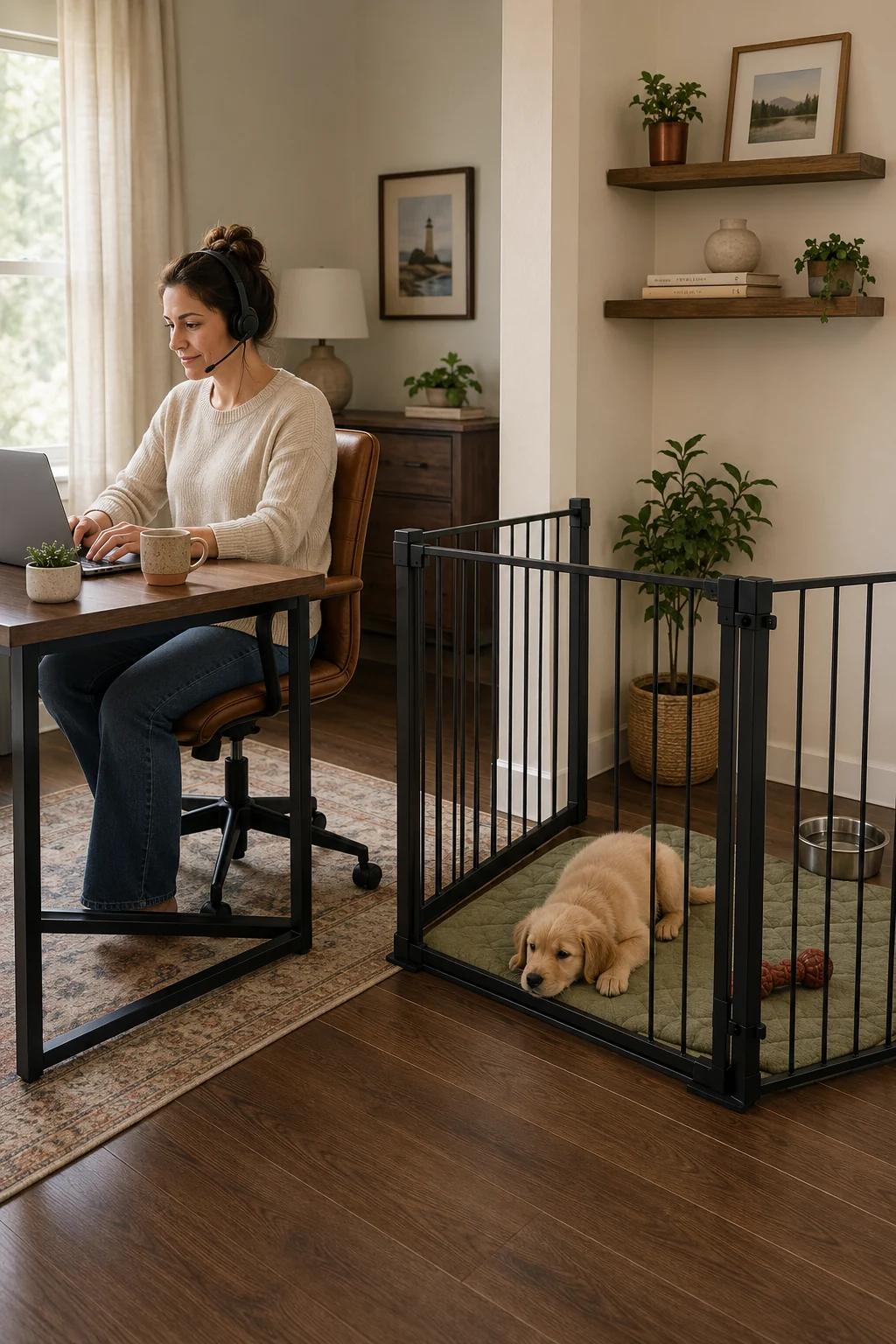 Puppy resting quietly in a gated room while its owner attends a video meeting at a nearby desk