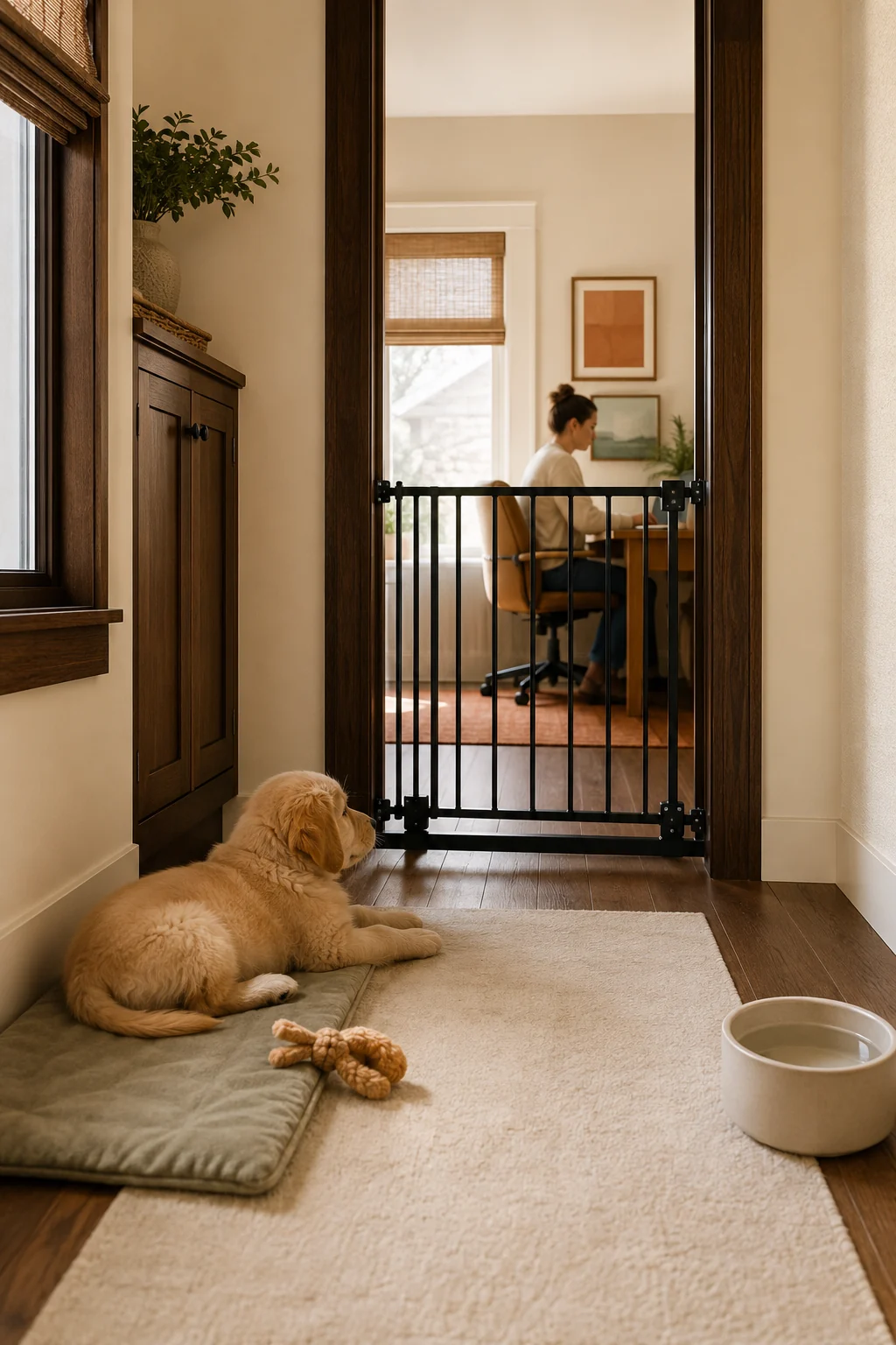 Calm puppy resting behind a secure gate while its owner works quietly in the next room