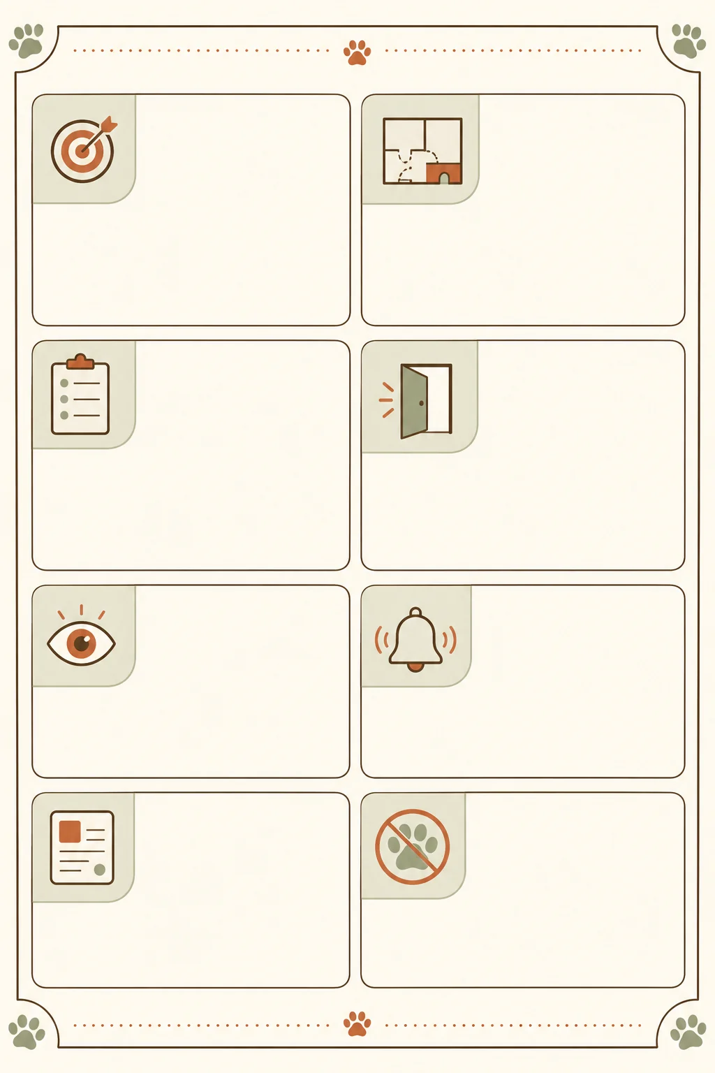 Text-free puppy caregiver handoff card with blank sections for room map, meeting steps, warning signs, and end-of-block notes