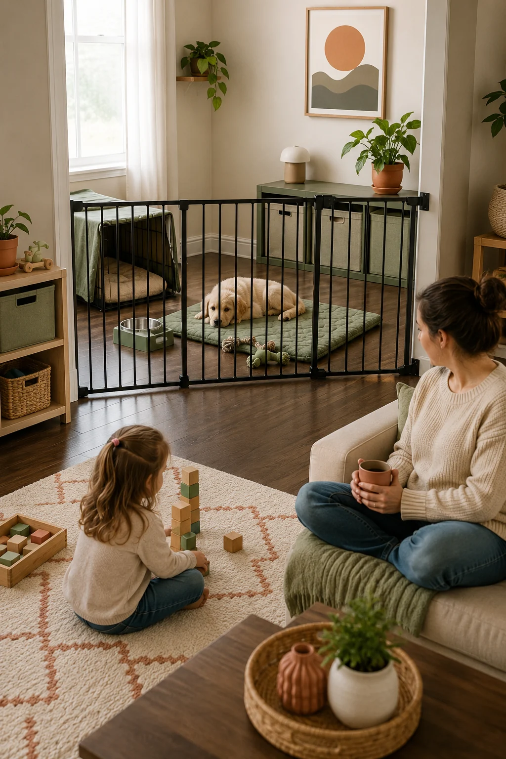 Tall room layout showing a gated puppy resting corner separated from a calm family interaction area
