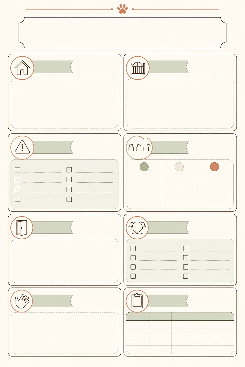 Cream printable worksheet with blank sections for room choice, barriers, rules, transitions, and review notes