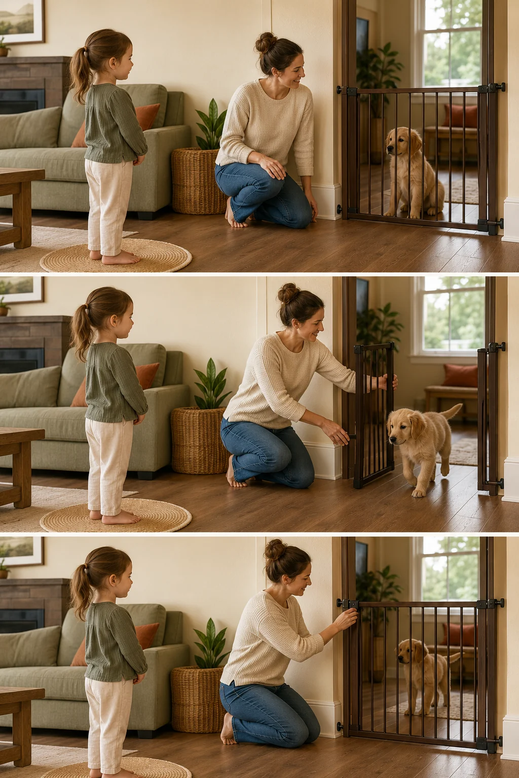 Three-step visual sequence of a child waiting while an adult controls a gate and moves a puppy