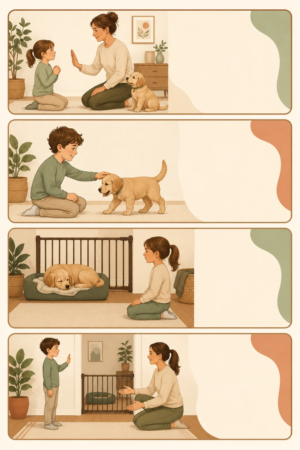 Text-free child safety rule cards showing permission, gentle touch, quiet rest, and calling an adult