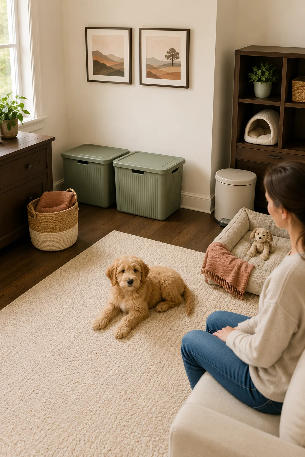 Organized puppy room with cords secured and small child toys stored in closed bins away from the puppy