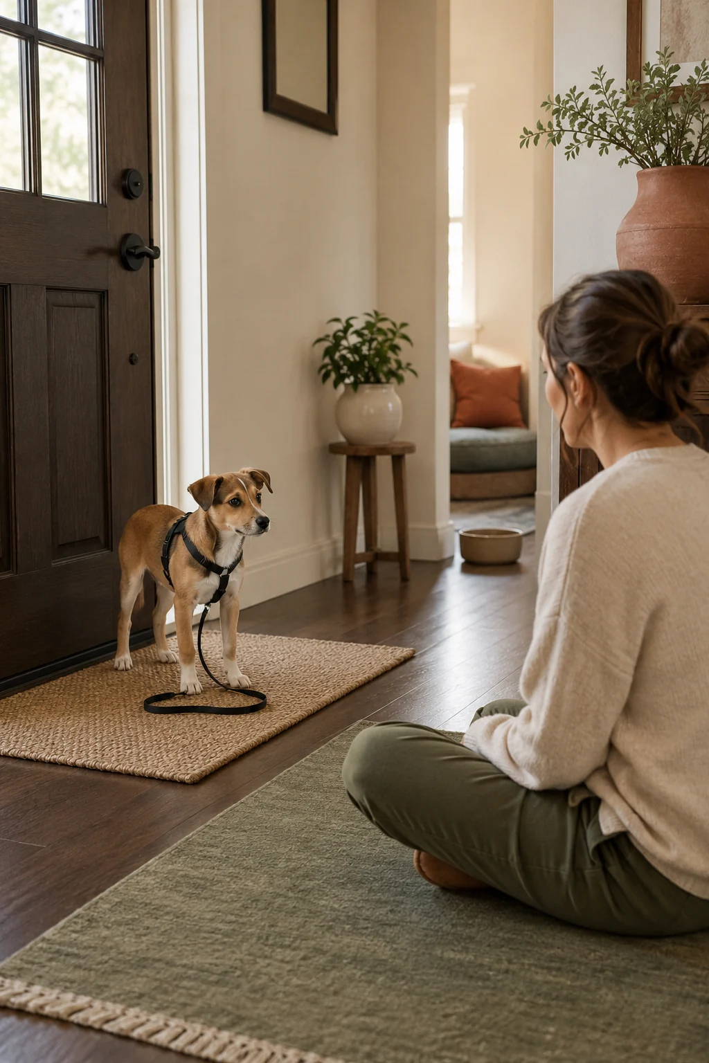 Rescue puppy stands on a quiet entry mat while a seated owner gives space and keeps the leash loose.