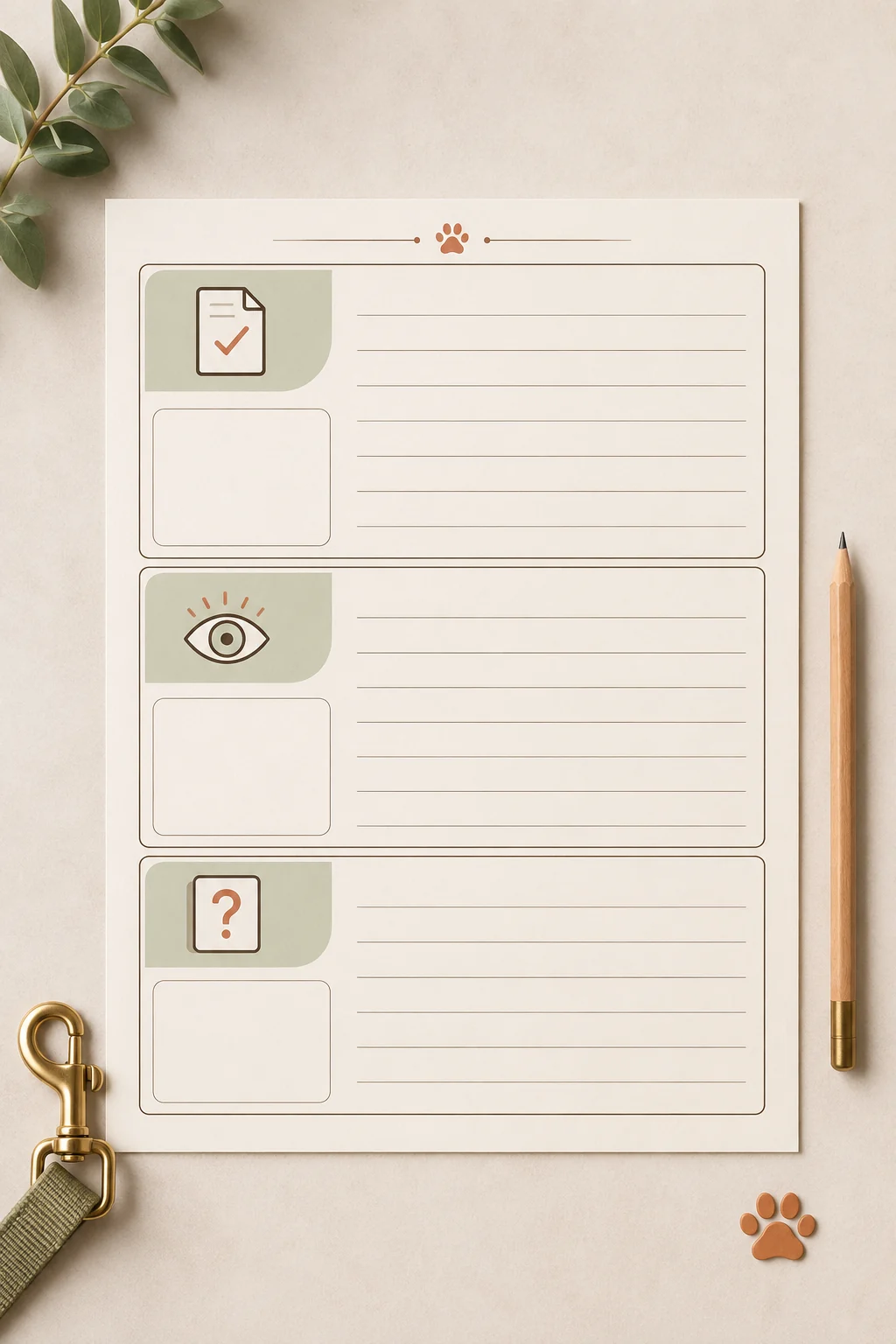 Text-free intake worksheet with three blank sections for confirmed facts, observed details, and unknown history beside simple puppy-care icons.