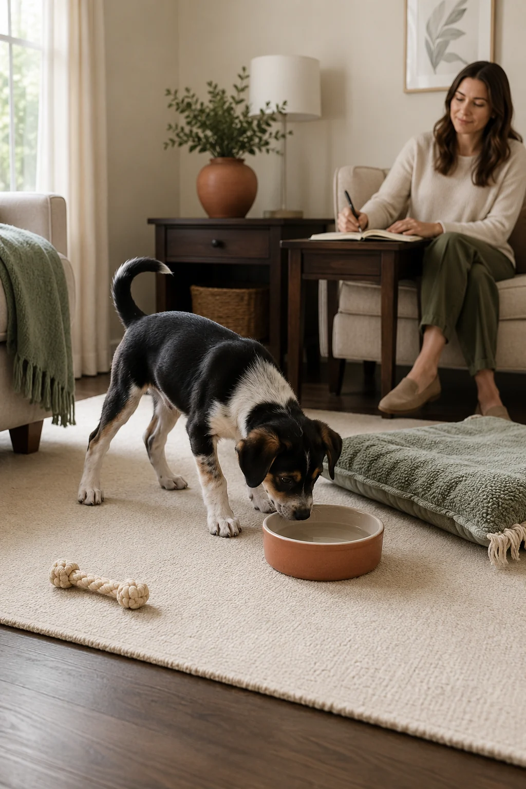 Owner writes notes from a distance while a rescue puppy voluntarily sniffs near water and a resting mat.
