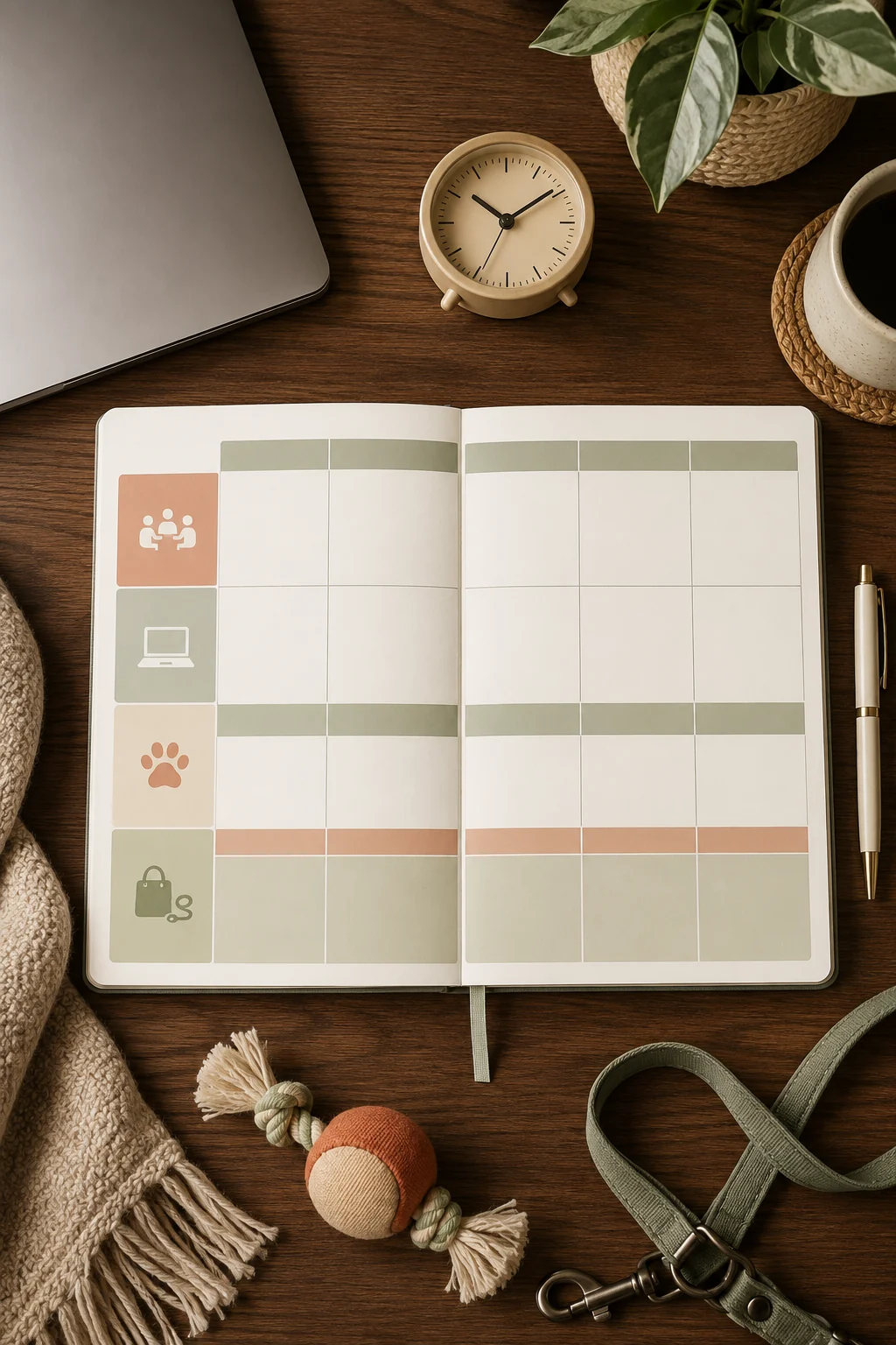 Top-down work desk with a blank planner divided into meeting and focus blocks beside puppy supplies.