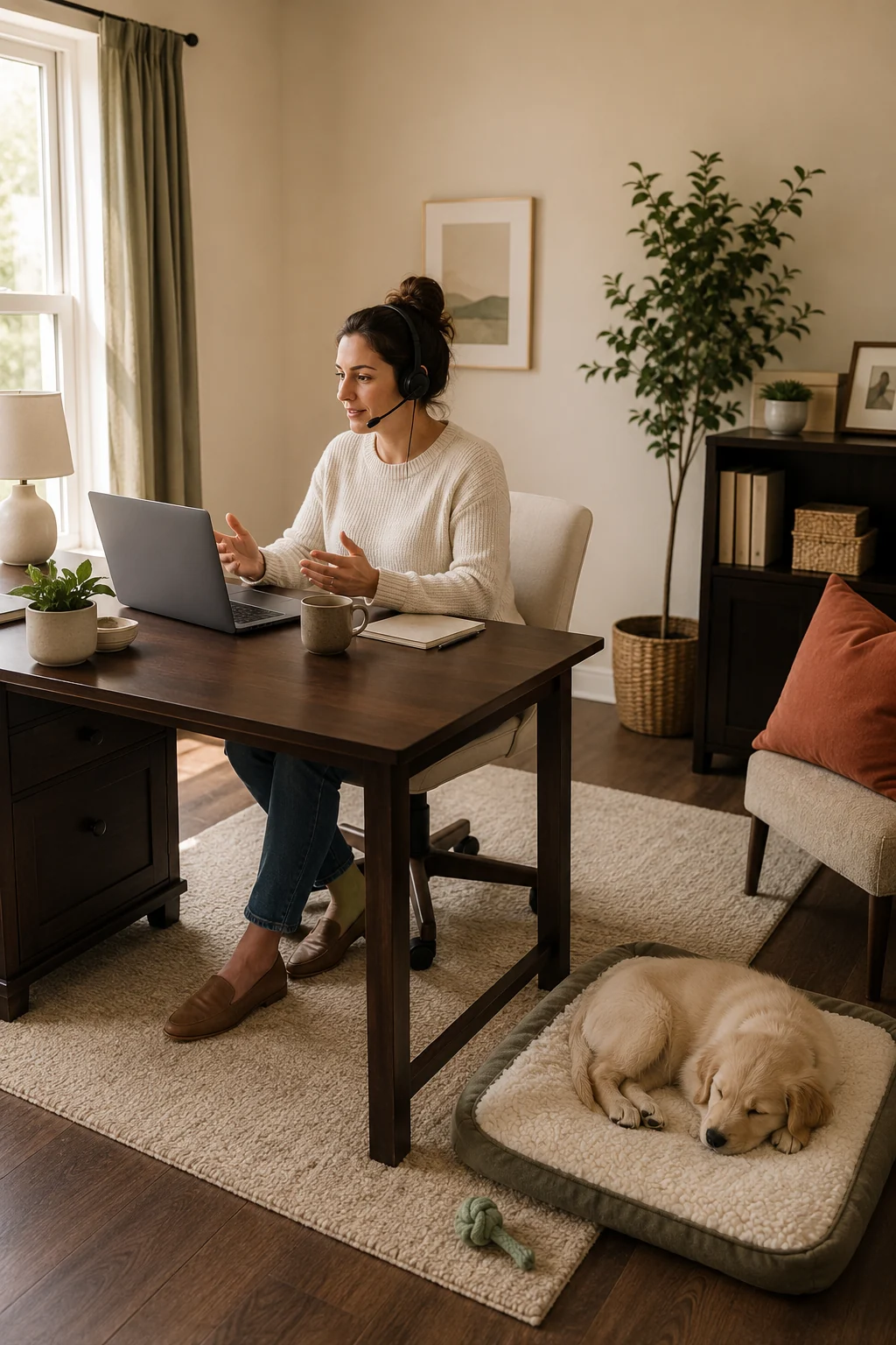 Dog mom on a video call while her puppy sleeps on a mat within sight of the desk.