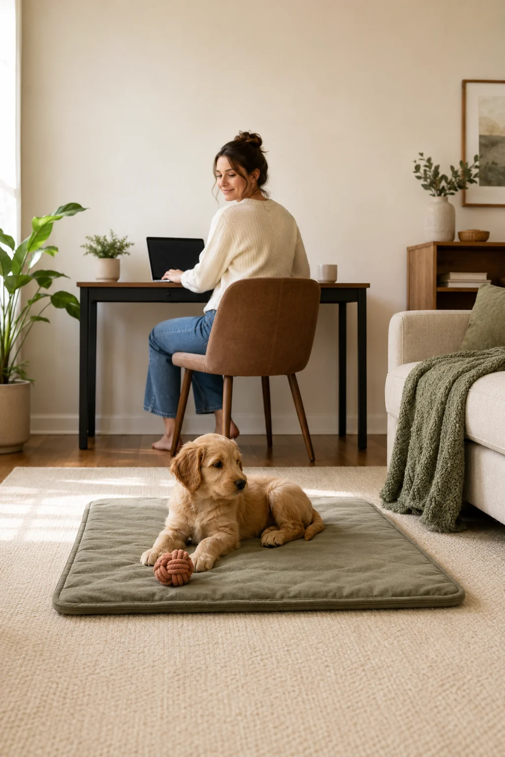 Dog mom calmly settling a puppy with a toy before returning to focused laptop work.