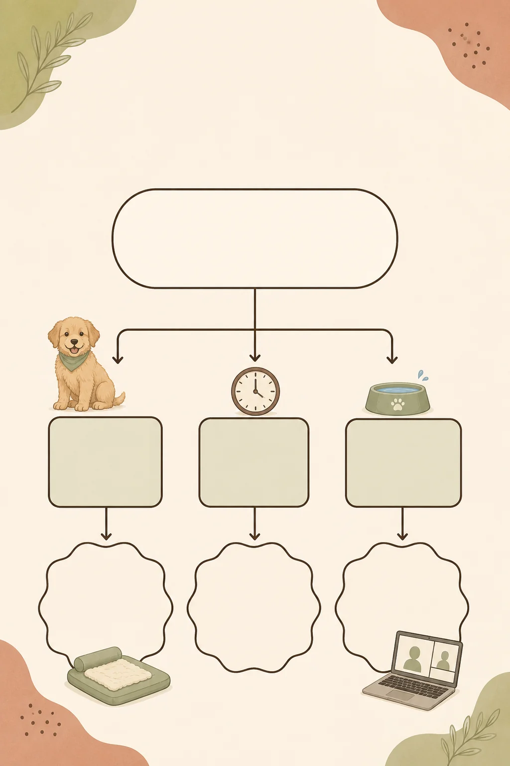 Blank vertical decision-tree worksheet with puppy, clock, rest mat, and meeting icons.