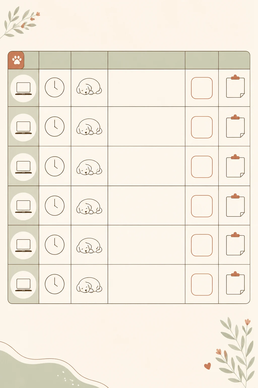 Blank seven-row puppy workday tracker with spaces for meetings, settling, signals, and daily changes.