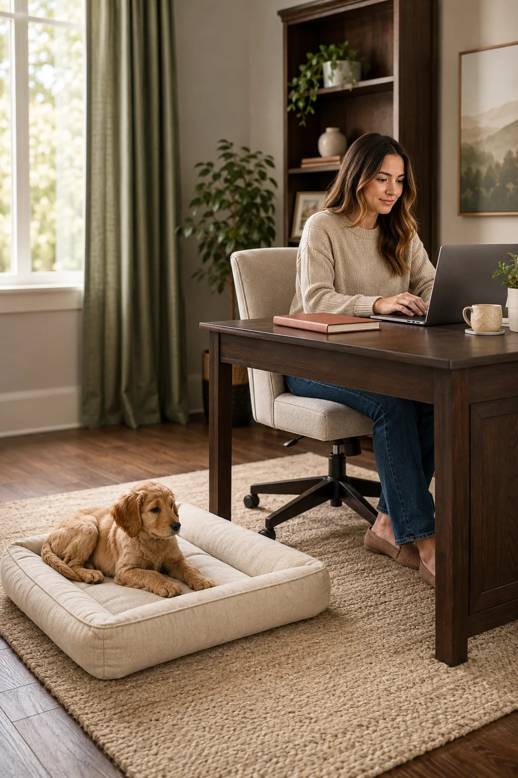 Calm puppy resting on a bed beside a home-office desk while its owner works without touching it